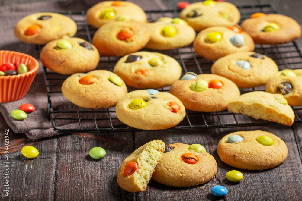 Traditional homemade cookies with chocolate candies in glaze. Shortbread.