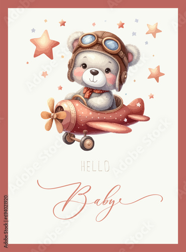 Cute baby shower watercolor invitation card with bear pilot on an airplane. Hello baby calligraphy.