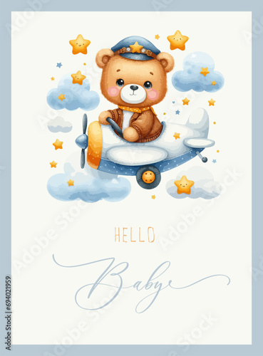 Cute baby shower watercolor invitation card with bear pilot on an airplane. Hello baby calligraphy.