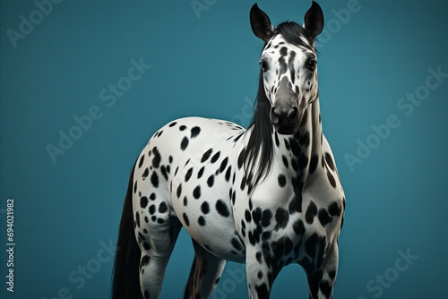 Appaloosa horse with dynamic spots on a turquoise background, standing out for its unique coat and noble look, concept: thoroughbred animal, equestrian sport