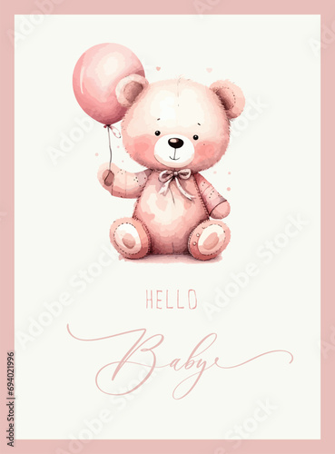 Cute baby shower watercolor invitation card with bear. Hello baby calligraphy.