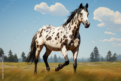 Appaloosa horse in its natural environment against the backdrop of a forest and clearing. Concept: for use in materials about equestrian sports, farming and nature
 photo