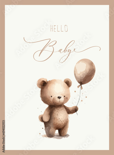 Cute baby shower watercolor invitation card with bear. Hello baby calligraphy.