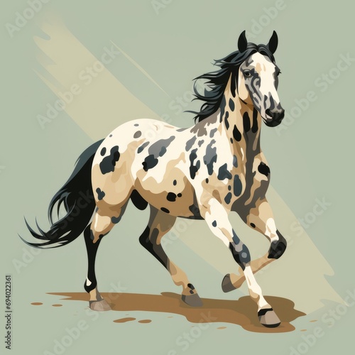 A spotted coated Appaloosa horse in full stance against a neutral background. Muscular build and bright coloring 