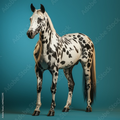 Appaloosa horse with dynamic spots on a turquoise background, standing out for its unique coat and noble look, concept: thoroughbred animal, equestrian sport