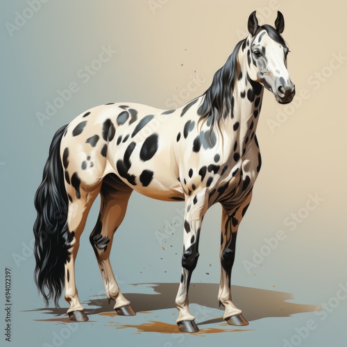 A spotted coated Appaloosa horse in full stance against a neutral background. Muscular build and bright coloring 