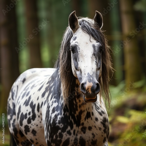 Appaloosa horse in its natural environment against the backdrop of a forest and clearing. Concept: for use in materials about equestrian sports, farming and nature 