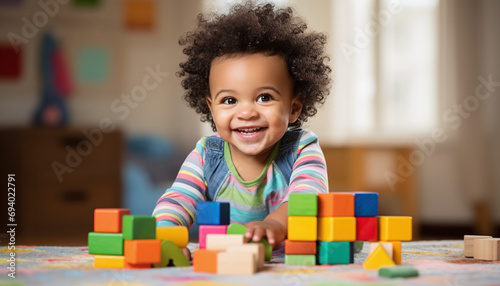 A lifestyle photograph of a young African American toddler playing with colorful wooden block toys stock 