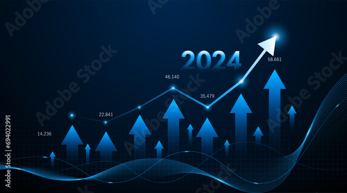 Arrow pointing upwards for future company growth in 2024. Stock market graph with rising candles. Ideas for growing a profitable business or investment photo
