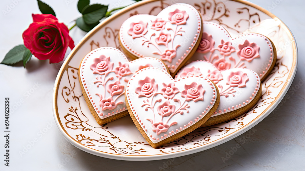 Fototapeta premium Heart shaped sugar cookies, Valentine bakery 