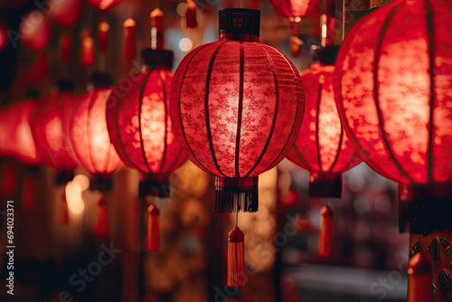 Close up of Red Chinese lanterns, festive atmosphere 