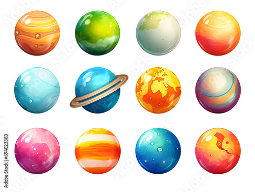 Collection of Fictional 3D Cartoon Planets, isolated on a transparent or white background