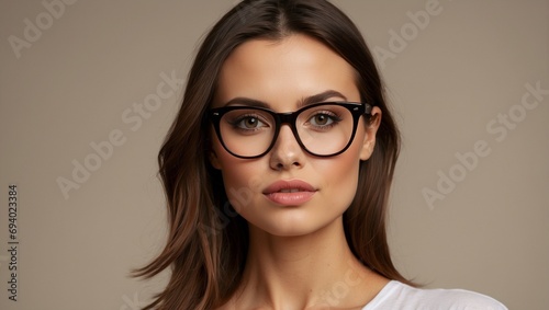 Portrait of an attractive young woman with brunette hair and glasses. A beautiful face. Beige light background. Optical shop, advertising.