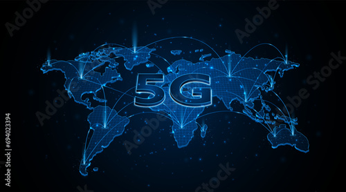 5G wireless internet network connectivity around the world. World map. Internet technology concept or broadband high speed telecommunications.