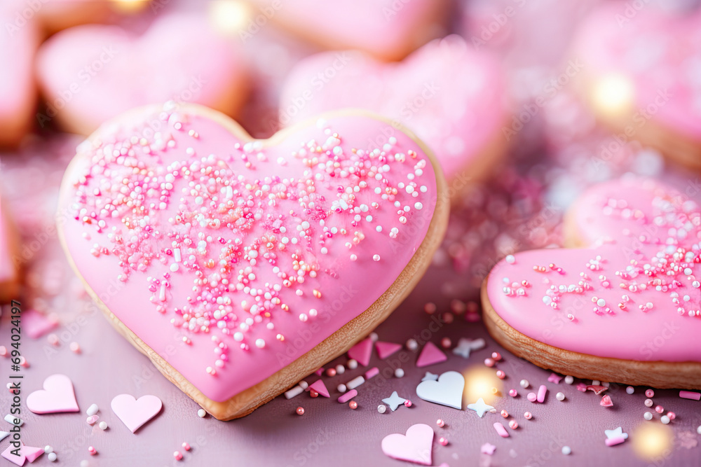 Close up of a pink heart shaped sugar cookies, Valentine Bakery Close up of a pink heart shaped sugar cookies, Valentine Bakery