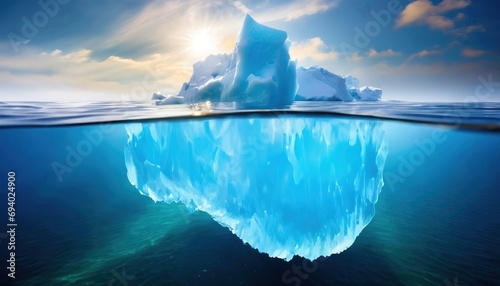 An iceberg is captured in split view, showing both above and below the waterline. The sun casts a radiant glow on its icy surface amidst a serene seascape.