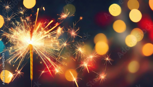 Single sparkler against a bokeh light background, symbolizing New Year's Eve festivities. 