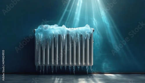 Struggle of an energy crisis in winter with a frozen radiator. The cold blue tones and the ice symbolize the lack of heating and the broader implications of energy scarcity during the colder months.