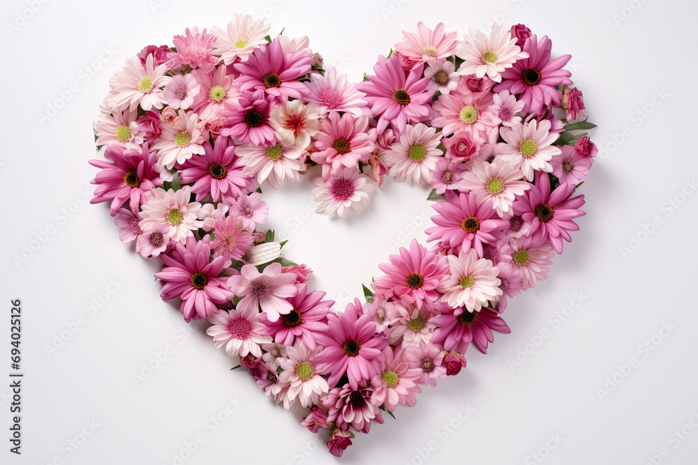 Pink flowers arranged in a heart on a white background, Valentine's Day background Pink flowers arranged in a heart on a white background, Valentine's Day background