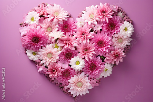 Pink flowers arranged in a heart on a white background, Valentine's Day background 