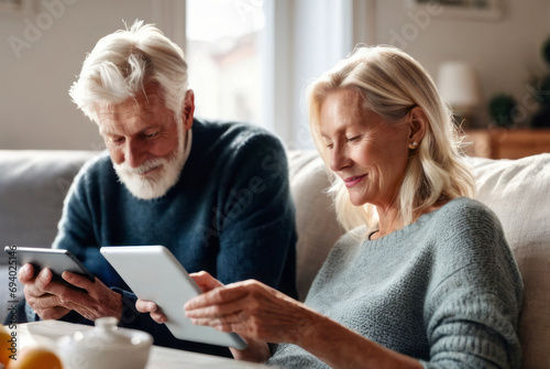 happy couple senior man and woman Using a tablet together in the living room On a soft sofa, check family financial information, update good news Investment income Enjoy a great retirement.