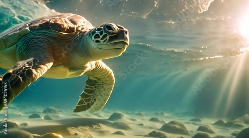 A peaceful underwater scene with sea turtles and colorful corals. photo