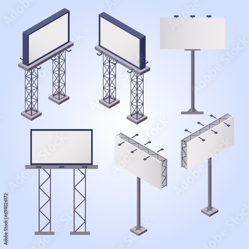 advertising constructions isometric icons set with rectangular blank billboards white 3d isolated