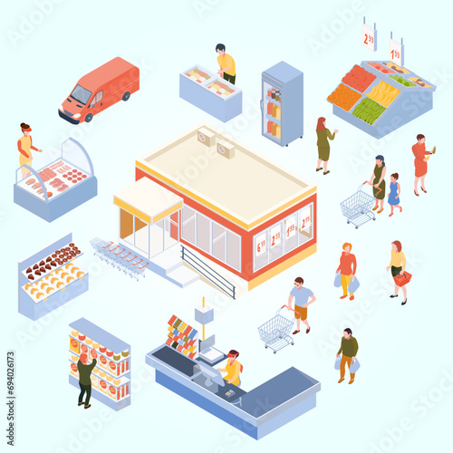supermarket isometric set vector shop building cartoon with mini store symbols isolated vector illustration shopping mall icons set