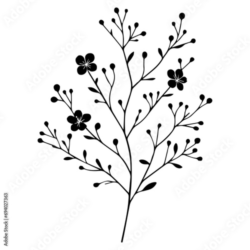 minimal Blooming floral branch silhouette vector illustration, white background © Big Dream