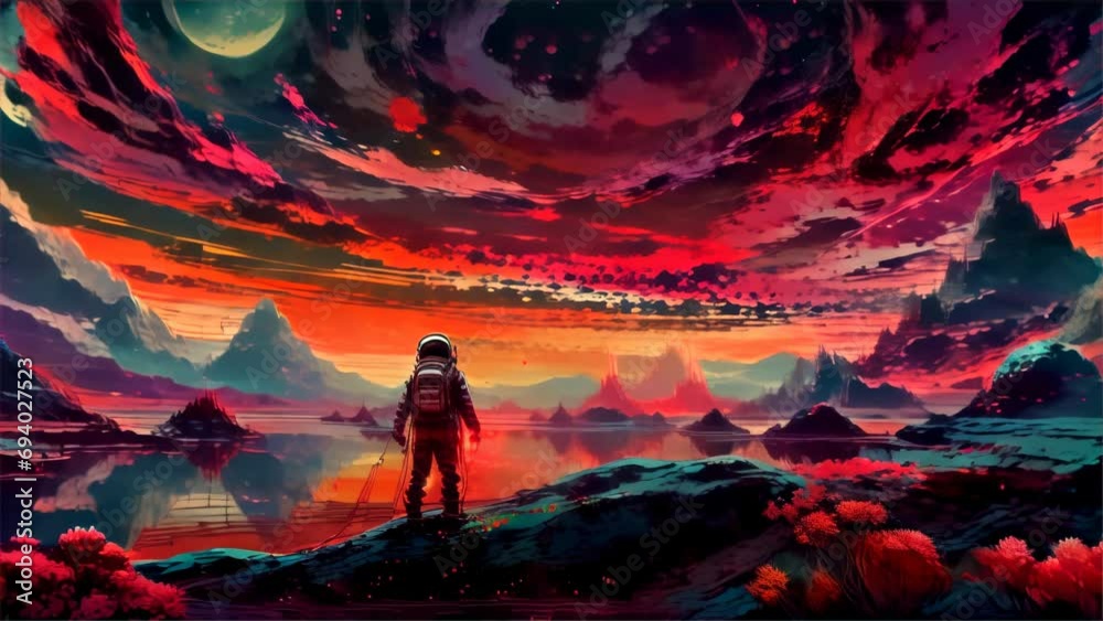 an astronaut gazing at the horizon of an unknown planet. The dramatic sky and the reflecting water surface exude an atmosphere of futuristic exploration and adventure. an astronaut gazing at the horizon of an unknown planet. The dramatic sky and the reflecting water surface exude an atmosphere of futuristic exploration and adventure.