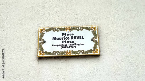 Maurice Ravel square bilingual french and basque sign in Saint-Jean-de-Luz, France photo