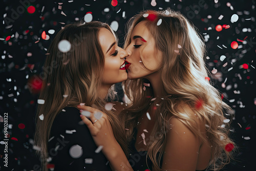 Female Couple kissing, red confetti around, Valentine's Day 