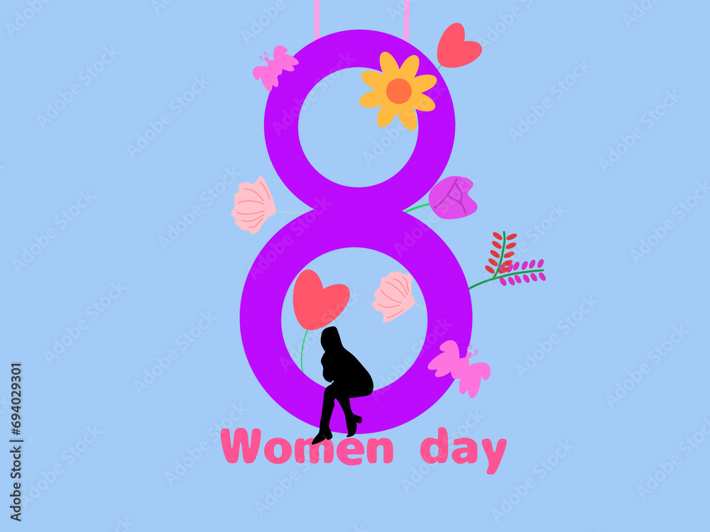 Women day greeting card on march 8 with number eight and flower , heart, butterfly, silhouette woman illustration design Women day greeting card on march 8 with number eight and flower , heart, butterfly, silhouette woman illustration design