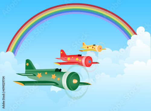 Three multi colored airplanes making aerobatics maneuvers in the blue sky with a beautiful rainbow. Vector illustration about aviators and aircrafts.