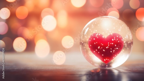 Valentine's Day background with glass ball with red heart symbol inside on a white lighting blurred background. photo