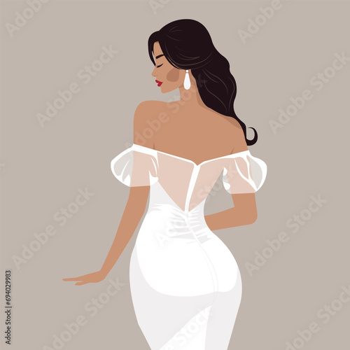 Vector flat fashion illustration, young sexy bride in an elegant white backless dress. Back view.
