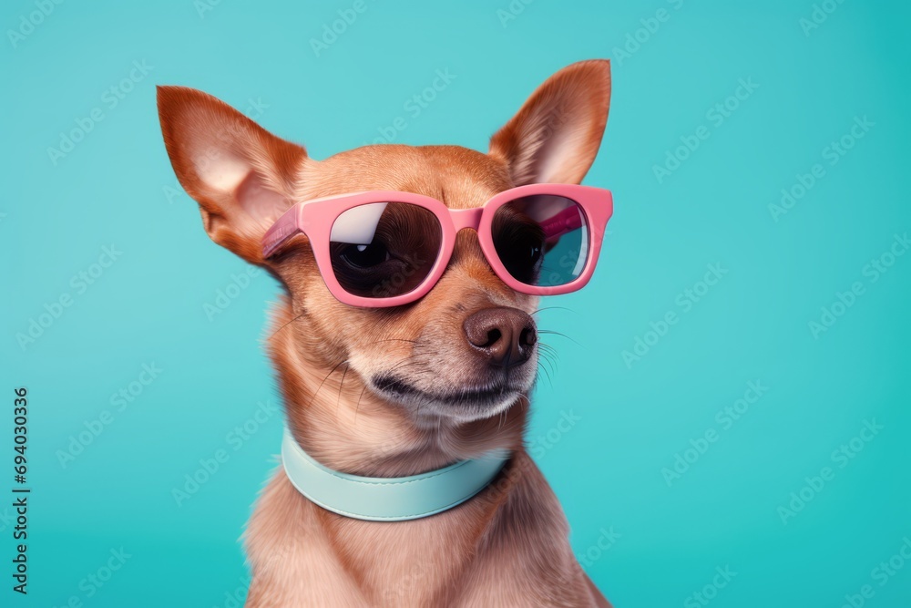 Beautiful dog with pink sunglasses over blue background Beautiful dog with pink sunglasses over blue background