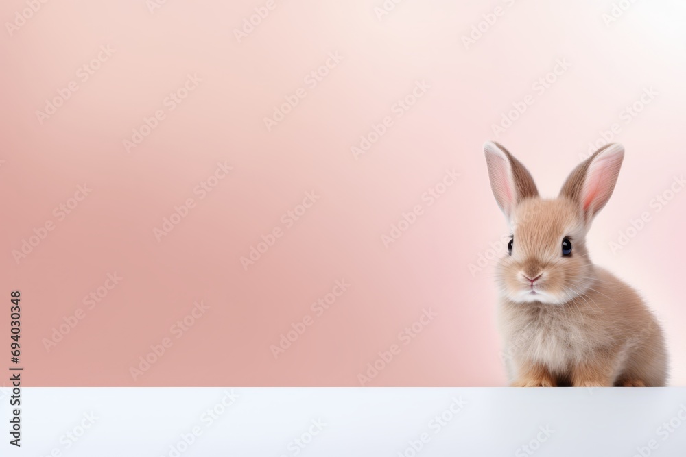 Fototapeta premium Cute easter bunny on a pink background with copy space.