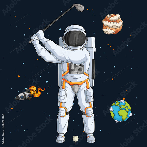 Hand drawn astronaut in spacesuit playing Golf, batsman cosmonaut over space rocket and planets