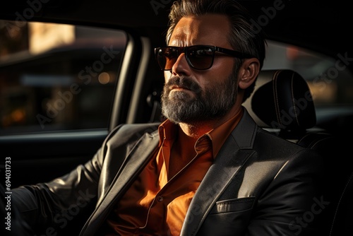 A stylish gentleman stands confidently on the bustling street, his dark suit and leather jacket perfectly complemented by his sunglasses and well-groomed beard, exuding an air of sophistication and m