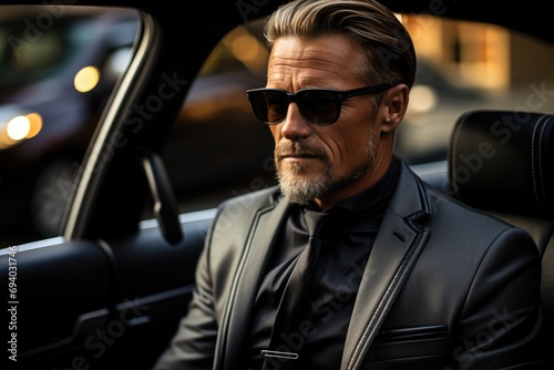 A dapper gentleman, with a well-groomed beard and sleek sunglasses, stands confidently in front of his shiny car, his tailored suit and leather shoes reflecting in the mirror as he gazes into the dis © familymedia