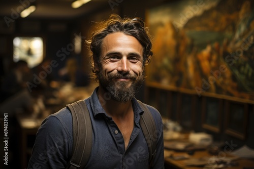 A charismatic man with a stylish moustache and beard gazes confidently into the camera, framed by an intricate wall art, exuding warmth and approachability