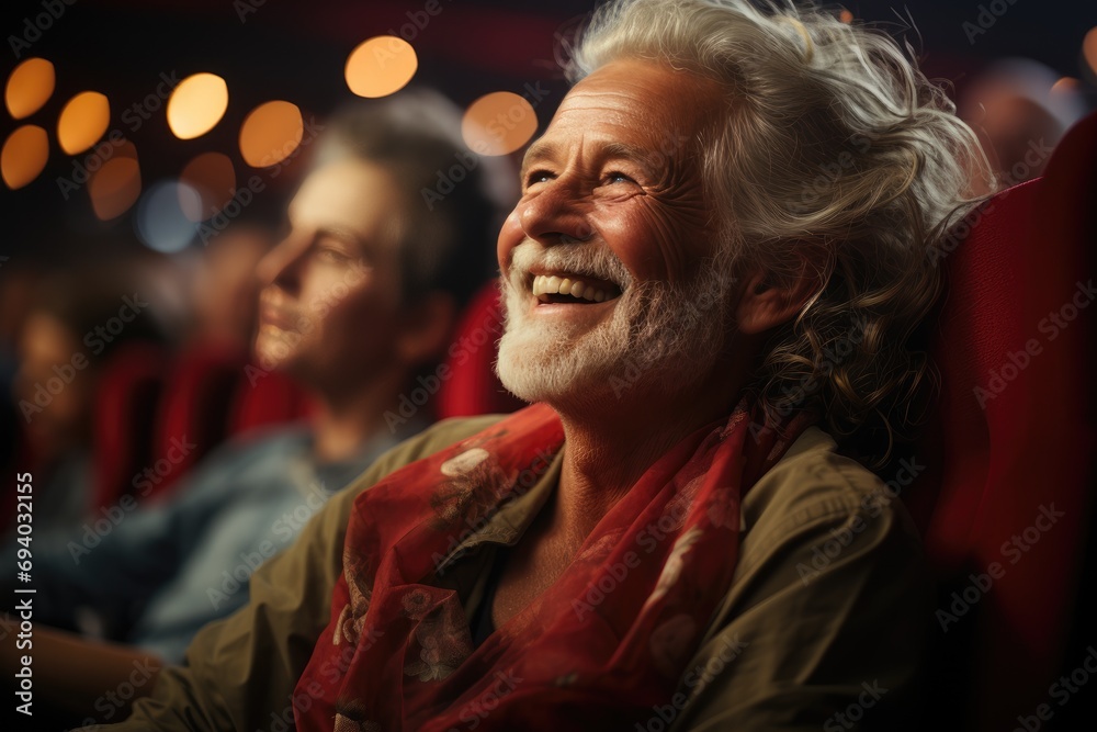 A senior citizen with a smile on his wrinkled face laughs in a crowded movie theater, while a woman sitting next to him admires his contagious joy