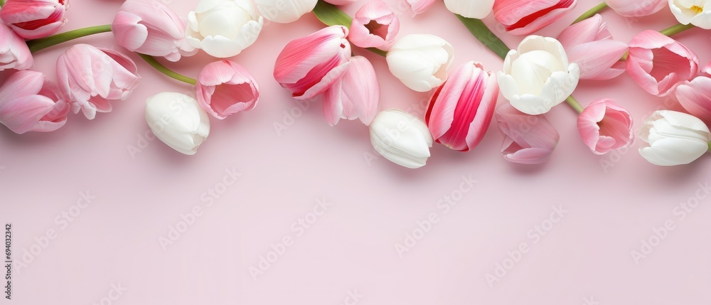 An arrangement of pastel white and pink tulip flowers creating a frame around an image with copy space. An arrangement of pastel white and pink tulip flowers creating a frame around an image with copy space.