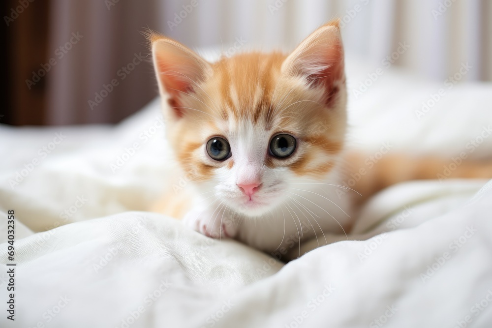 A funny red tabby cute kitten lies on a bed with a white blanket, looking at the camera. Cat in bed concept