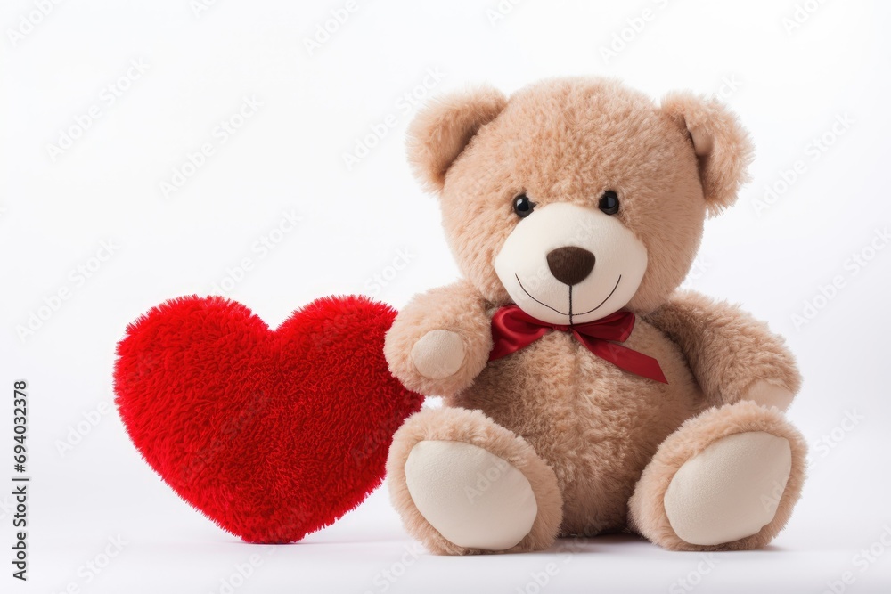 Cute teddy bear with a red heart on a white background. Template, postcard for Valentine's Day. Space for text
