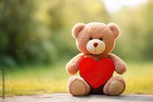 Cute teddy bear with a red heart on a natural green blurred background. Template, postcard for Valentine's Day. Space for text