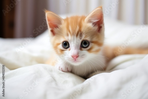 A funny red tabby cute kitten lies on a bed with a white blanket, looking at the camera. Cat in bed concept