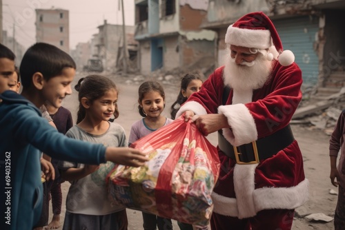 Santa Claus giving christmas gift to children in the city with comeliness