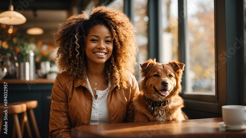 young African American woman smiling in a cafe with a dog photo